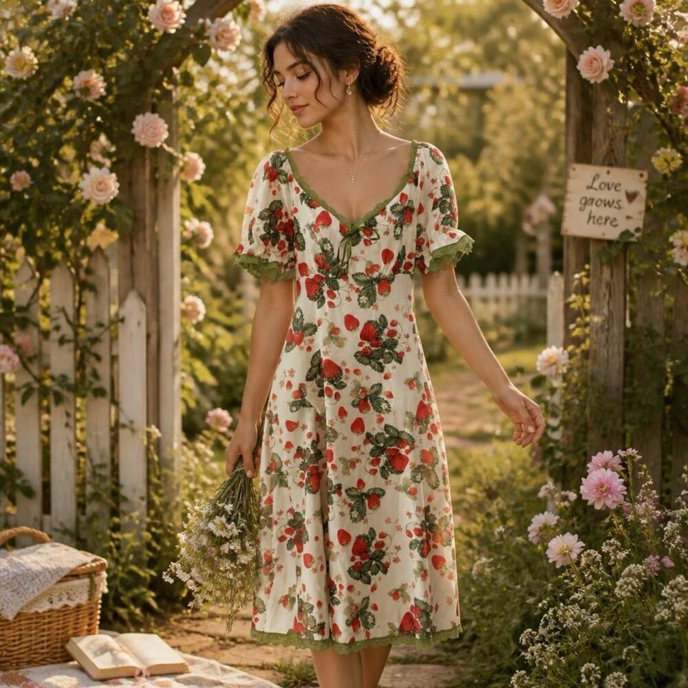 Women S Romantic Garden Fairy Ivory Red Strawberry Print LaceTrim MidiDress New